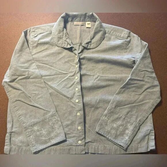 J. Jill Cotton Blouse with Floral Embroidery | Light Blue-Gray | Size M - Picture 2 of 9